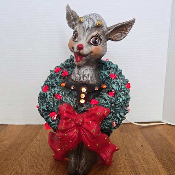 Rare Vintage Ceramic Light-Up Reindeer Figure w Wreath Christmas Decor 12” Works - Picture 1 of 6